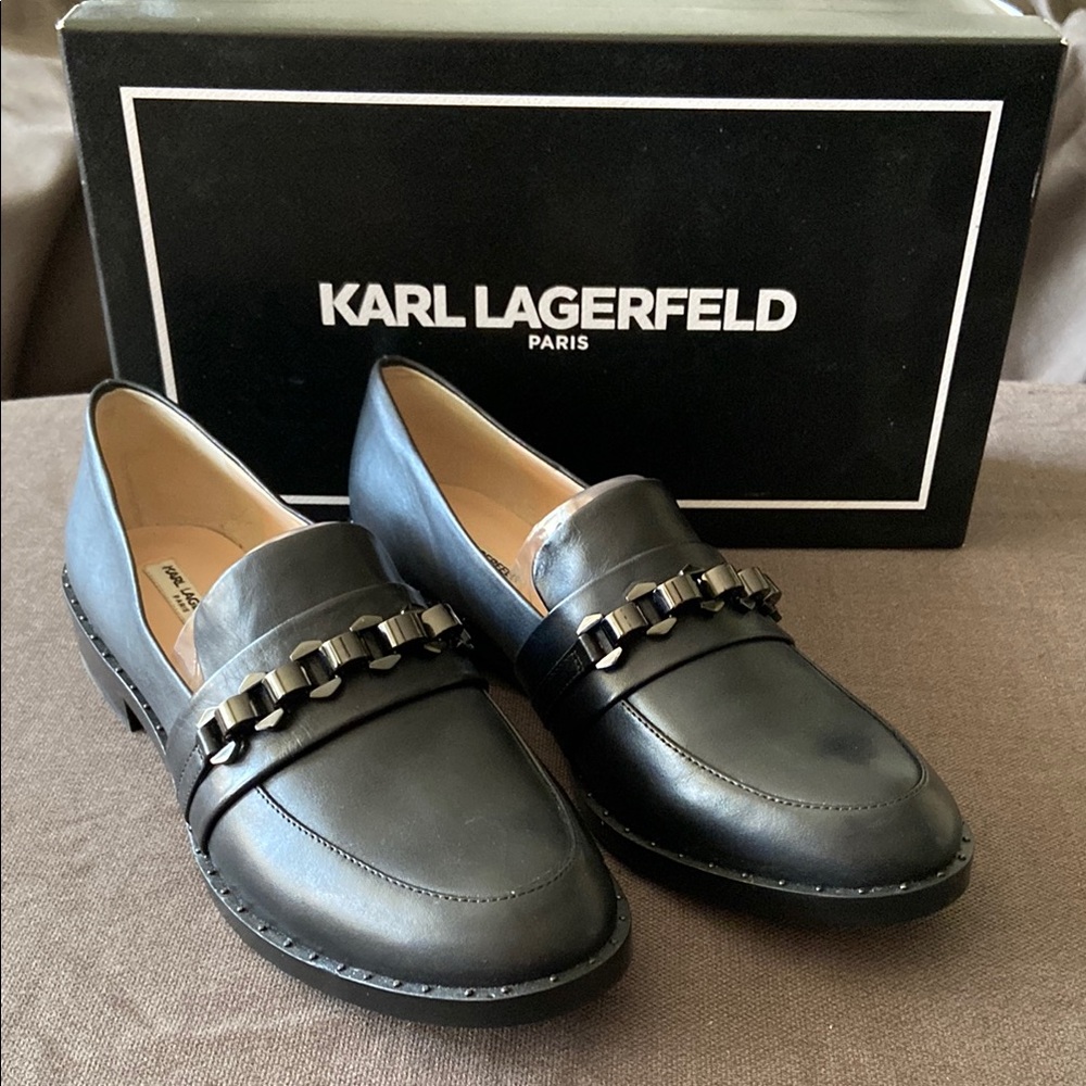 New Karl Lagerfeld Black Leather Loafers 9.5